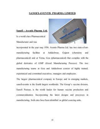 22
SANOFI-AVENTIS PHARMA LIMITED
Sanofi – Aventis Pharma Ltd.
Is a world class Pharmaceutical
Manufacturer and was
incorpo...