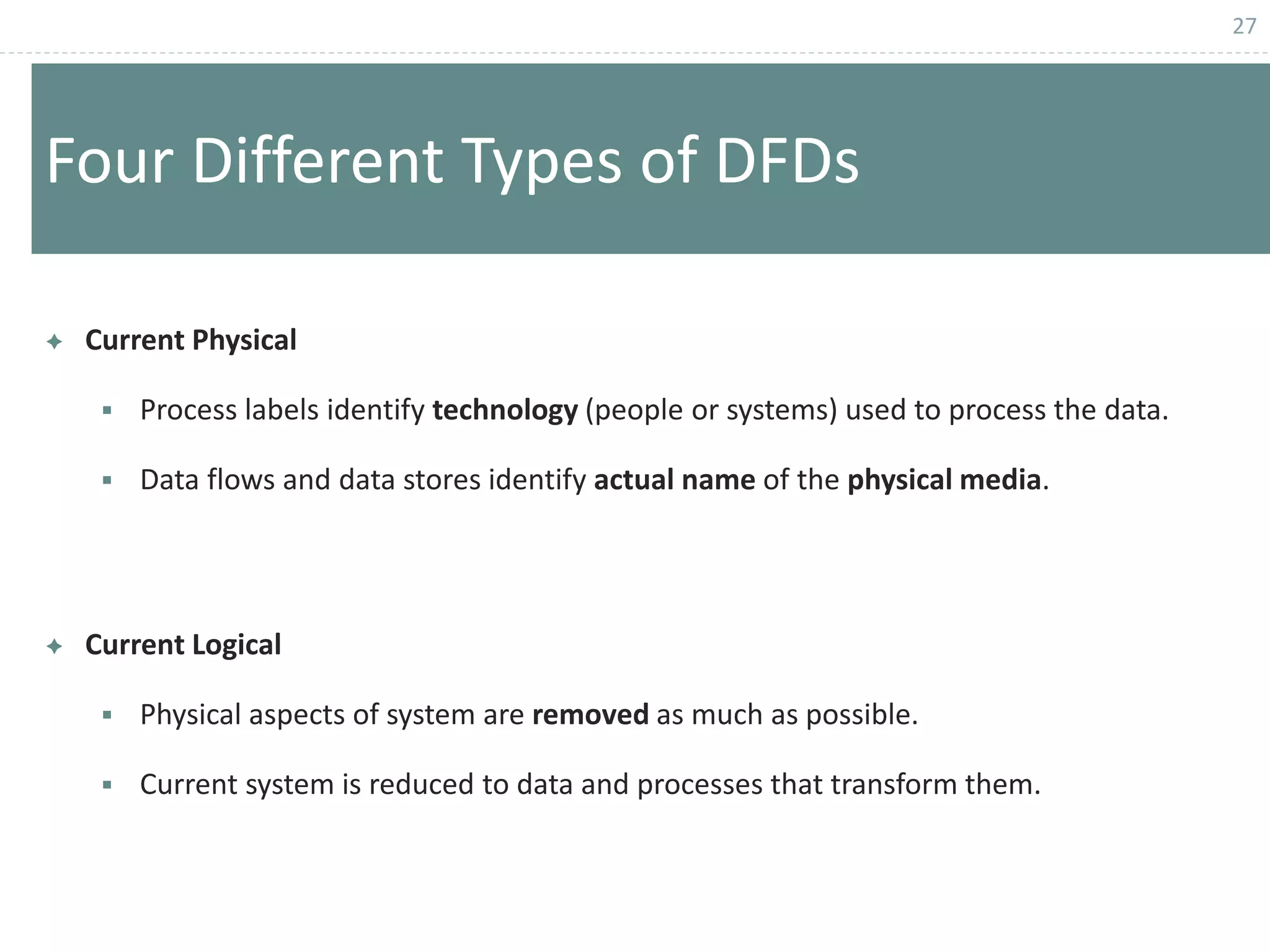 27
Four Different Types of DFDs
 Current Physical
 Process labels identify technology (people or systems) used to process the data.
 Data flows and data stores identify actual name of the physical media.
 Current Logical
 Physical aspects of system are removed as much as possible.
 Current system is reduced to data and processes that transform them.
 