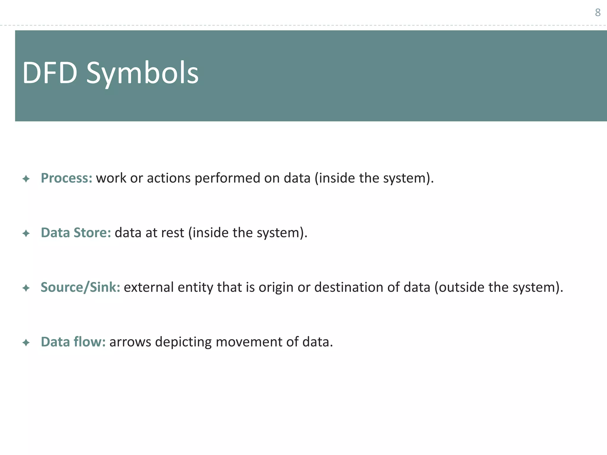 8
DFD Symbols
 Process: work or actions performed on data (inside the system).
 Data Store: data at rest (inside the system).
 Source/Sink: external entity that is origin or destination of data (outside the system).
 Data flow: arrows depicting movement of data.
 