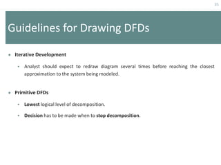 35
Guidelines for Drawing DFDs
 Iterative Development
 Analyst should expect to redraw diagram several times before reaching the closest
approximation to the system being modeled.
 Primitive DFDs
 Lowest logical level of decomposition.
 Decision has to be made when to stop decomposition.
 