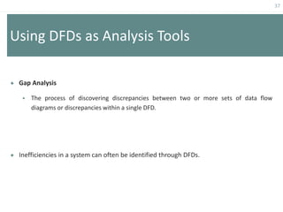 37
Using DFDs as Analysis Tools
 Gap Analysis
 The process of discovering discrepancies between two or more sets of data flow
diagrams or discrepancies within a single DFD.
 Inefficiencies in a system can often be identified through DFDs.
 