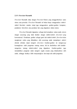 2.3.5 Flowchart Skematik
Flowchart Skematik mirip dengan Flowchart Sistem yang menggambarkan suatu
sistem atau prosedur. Flowchart Skematik ini bukan hanya menggunakan simbol-
simbol flowchart standar, tetapi juga menggunakan gambar-gambar komputer,
peripheral, form-form atau peralatan lain yang digunakan dalam sistem.
Flowchart Skematik digunakan sebagai alat komunikasi antara analis sistem
dengan seseorang yang tidak familiar dengan simbol-simbol flowchart yang
konvensional. Pemakaian gambar sebagai ganti dari simbol-simbol flowchart akan
menghemat waktu yang dibutuhkan oleh seseorang untuk mempelajari simbol
abstrak sebelum dapat mengerti flowchart. Gambar-gambar ini mengurangi
kemungkinan salah pengertian tentang sistem, hal ini disebabkan oleh ketidak-
mengertian tentang simbol-simbol yang digunakan. Gambar-gambar juga
memudahkan pengamat untuk mengerti segala sesuatu yang dimaksudkan oleh
analis, sehingga hasilnya lebih menyenangkan dan tanpa ada salah pengertian.
 