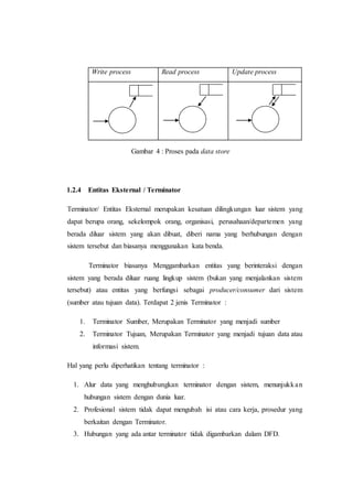 Write process Read process Update process
Gambar 4 : Proses pada data store
1.2.4 Entitas Eksternal / Terminator
Terminator/ Entitas Eksternal merupakan kesatuan dilingkungan luar sistem yang
dapat berupa orang, sekelompok orang, organisasi, perusahaan/departemen yang
berada diluar sistem yang akan dibuat, diberi nama yang berhubungan dengan
sistem tersebut dan biasanya menggunakan kata benda.
Terminator biasanya Menggambarkan entitas yang berinteraksi dengan
sistem yang berada diluar ruang lingkup sistem (bukan yang menjalankan sistem
tersebut) atau entitas yang berfungsi sebagai producer/consumer dari sistem
(sumber atau tujuan data). Terdapat 2 jenis Terminator :
1. Terminator Sumber, Merupakan Terminator yang menjadi sumber
2. Terminator Tujuan, Merupakan Terminator yang menjadi tujuan data atau
informasi sistem.
Hal yang perlu diperhatikan tentang terminator :
1. Alur data yang menghubungkan terminator dengan sistem, menunjukkan
hubungan sistem dengan dunia luar.
2. Profesional sistem tidak dapat mengubah isi atau cara kerja, prosedur yang
berkaitan dengan Terminator.
3. Hubungan yang ada antar terminator tidak digambarkan dalam DFD.
 