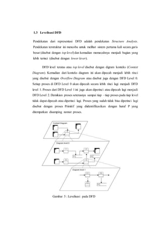 1.3 Levelisasi DFD
Pendekatan dari representasi DFD adalah pendekatan Structure Analysis.
Pendekatan terstruktur ini mencoba untuk melihat sistem pertama kali secara garis
besar (disebut dengan top level) dan kemudian memecahnya menjadi bagian yang
lebih terinci (disebut dengan lower lever).
DFD level teratas atau top level disebut dengan digram konteks (Context
Diagram). Kemudian dari konteks diagram ini akan dipecah menjadi lebih rinci
yang disebut dengan Overflow Diagram atau disebut juga dengan DFD Level 0.
Setiap proses di DFD Level 0 akan dipecah secara lebih rinci lagi menjadi DFD
level 1. Proses dari DFD Level 1 ini juga akan diperinci atau dipecah lagi menjadi
DFD Level 2. Demikian proses seterusnya sampai tiap – tiap proses pada tiap level
tidak dapat dipecah atau diperinci lagi. Proses yang sudah tidak bisa diperinci lagi
disebut dengan proses Primitif yang diidentifikasikan dengan huruf P yang
ditempatkan disamping nomor proses.
Gambar 5 : Levelisasi pada DFD
 