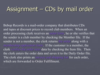 Assignment – CDs by mail order Bebop Records is a mail-order company that distributes CDs  and tapes at discount prices to record club members.  When an order processing clerk receives an  order form , he or she verifies that the sender is a club member by checking the Member file.  If the sender is not a member, the clerk returns  the order  along with a membership application form .  If the customer is a member, the clerk  verifies the order item  data by checking the Item file.  Then the clerk enters the order data and saves it to the Daily Order file. The clerk also prints an  invoice and shipping list  for each order, which are forwarded to Order Fulfillment.  