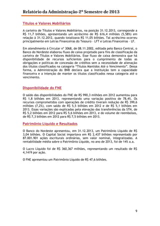 Relatório da Administração-2º Semestre de 2013
Títulos e Valores Mobiliários
A carteira de Títulos e Valores Mobiliários, na posição 31.12.2013, corresponde a
R$ 11,7 bilhões, apresentando um acréscimo de R$ 616,4 milhões (5,58%) em
relação à 31.12.2012, quando totalizava R$ 11,05 bilhões. Tal acréscimo ocorreu
principalmente em Letras Financeiras do Tesouro – LFT e Letras Financeiras – LF.
Em atendimento à Circular nº 3068, de 08.11.2002, editada pelo Banco Central, o
Banco do Nordeste elaborou fluxo de caixa projetado para fins de classificação da
carteira de Títulos e Valores Mobiliários. Esse fluxo de caixa demonstra que há
disponibilidade de recursos suficientes para o cumprimento de todas as
obrigações e políticas de concessão de créditos sem a necessidade de alienação
dos títulos classificados na categoria “Títulos Mantidos Até o Vencimento”. Dessa
forma, a Administração do BNB declara que a Instituição tem a capacidade
financeira e a intenção de manter os títulos classificados nessa categoria até o
vencimento.

Disponibilidade do FNE
O saldo das disponibilidades do FNE de R$ 990,3 milhões em 2012 aumentou para
R$ 1,8 bilhões em 2013, representando uma variação positiva de 78,4%. Os
recursos comprometidos com operações de crédito tiveram redução de R$ 399,6
milhões (7,2%), com saldo de R$ 5,5 bilhões em 2012 e de R$ 5,1 bilhões em
2013. Essas variações são explicadas pela elevação das transferências da STN, de
R$ 5,2 bilhões em 2012 para R$ 5,6 bilhões em 2013, e do volume de reembolsos,
de R$ 7,3 bilhões em 2012 para R$ 7,5 bilhões em 2013.

Patrimônio Líquido e Resultados
O Banco do Nordeste apresentou, em 31.12.2013, um Patrimônio Líquido de R$
3,04 bilhões. O Capital Social importava em R$ 2,437 bilhões representado por
87.001.901 ações escriturais ordinárias, sem valor nominal, integralizadas. A
rentabilidade média sobre o Patrimônio Líquido, no ano de 2013, foi de 14% a.a.
O Lucro Líquido foi de R$ 360,367 milhões, representando um resultado de R$
4,1419 por ação.
O FNE apresentou um Patrimônio Líquido de R$ 47,6 bilhões.

9

 