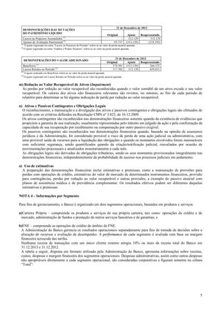 DEMONSTRAÇÕES DAS MUTAÇÕES
DO PATRIMÔNIO LÍQUIDO
Lucros ou Prejuízos Acumulados (1)
Ajustes de Avaliação Patrimonial (2)
(1)
(2)

(1)

Benefícios
Lucros Retidos no Período (2)
(1)

Original
93.737

Ajuste
Reapresentado
312.129
312.129
(312.129)
(218.392)

O ajuste registrado na conta “Lucros ou Prejuízos do Período” refere-se ao valor da perda atuarial apurada.
O ajuste registrado na conta “Ganhos e Perdas Atuariais” refere-se ao valor da perda atuarial apurada.

DEMONSTRAÇÕES DO VALOR ADICIONADO

(2)

31 de Dezembro de 2012

31 de Dezembro de 2012
Original
Ajuste
Reapresentado
578.501 (312.129)
266.372
317.702
312.129
629.831

O ajuste realizado em Benefícios refere-se ao valor da perda atuarial apurada.
O ajuste registrado em Lucros Retidos no Período refere-se ao valor da perda atuarial apurada.

m) Redução ao Valor Recuperável de Ativos (Impairment)
As perdas por redução ao valor recuperável são reconhecidas quando o valor contábil de um ativo excede o seu valor
recuperável. Os valores dos ativos não financeiros relevantes são revistos, no mínimo, ao fim de cada período de
relatório para determinar se há alguma indicação de perda por redução ao valor recuperável.
n) Ativos e Passivos Contingentes e Obrigações Legais
O reconhecimento, a mensuração e a divulgação dos ativos e passivos contingentes e obrigações legais são efetuados de
acordo com os critérios definidos na Resolução CMN nº 3.823, de 16.12.2009.
Os ativos contingentes são reconhecidos nas demonstrações financeiras somente quando da existência de evidências que
propiciem a garantia de sua realização, usualmente representadas pelo trânsito em julgado da ação e pela confirmação da
capacidade de sua recuperação por recebimento ou compensação por outro passivo exigível.
Os passivos contingentes são reconhecidos nas demonstrações financeiras quando, baseado na opinião de assessores
jurídicos e da Administração, for considerado provável o risco de perda de uma ação judicial ou administrativa, com
uma provável saída de recursos para a liquidação das obrigações e quando os montantes envolvidos forem mensuráveis
com suficiente segurança, sendo quantificados quando da citação/notificação judicial, reavaliados por ocasião de
movimentações processuais e atualizados monetariamente a cada mês.
As obrigações legais são derivadas de obrigações tributárias, sendo os seus montantes provisionados integralmente nas
demonstrações financeiras, independentemente da probabilidade de sucesso nos processos judiciais em andamento.
o) Uso de estimativas
A preparação das demonstrações financeiras inclui estimativas e premissas, como a mensuração de provisões para
perdas com operações de crédito, estimativas do valor de mercado de determinados instrumentos financeiros, provisão
para contingências, perdas por redução ao valor recuperável e outras provisões, a exemplo do passivo atuarial com
planos de assistência médica e de previdência complementar. Os resultados efetivos podem ser diferentes daquelas
estimativas e premissas.
NOTA 4 – Informações por Segmento
Para fins de gerenciamento, o Banco é organizado em dois segmentos operacionais, baseados em produtos e serviços:
a)Carteira Própria – compreende os produtos e serviços de sua própria carteira, tais como: operações de crédito e de
mercado, administração de fundos e prestação de outros serviços bancários e de garantias; e
b)FNE – compreende as operações de crédito do âmbito do FNE.
A Administração do Banco gerencia os resultados operacionais separadamente para fins de tomada de decisões sobre a
alocação de recursos e avaliação de desempenho. A performance de cada segmento é avaliada com base na margem
financeira acrescida das tarifas.
Nenhuma receita de transações com um único cliente externo atingiu 10% ou mais da receita total do Banco em
31.12.2013 e 31.12.2012.
A tabela a seguir, disposta em formato utilizado pela Administração do Banco, apresenta informações sobre receitas,
custos, despesas e margem financeira dos segmentos operacionais. Despesas administrativas, assim como outras despesas
não apropriáveis diretamente a cada segmento operacional, são consideradas corporativas e figuram somente na coluna
“Total”:

5

 