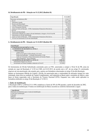 iii. Detalhamento do PR – Situação em 31.12.2012 (Basileia II)
Especificação

31.12.2012

Patrimônio de Referência (PR)
. Nível I
Patrimônio Líquido
Reservas de Reavaliação
Créditos Tributários Excluídos
Ativo Permanente Diferido
Ajuste ao Valor de Mercado – TVM e Instrumentos Financeiros Derivativos
. Nível II
Reservas de Reavaliação
Instrumentos Híbridos de Capital e Dívida Habilitados a Integrar o Nível II do PR
Instrumentos de Dívida Subordinada
Ajuste ao Valor de Mercado – TVM e Instrumentos Financeiros Derivativos
Excesso de Instrumentos de Dívida Subordinada

5.184.271
2.611.406
2.683.751
(22.904)
(6.633)
(942)
(41.866)
2.572.865
22.904
1.202.392
1.332.382
41.866
(26.679)

iv. Detalhamento do PR – Situação em 31.12.2013 (Basileia III)
Especificação
PATRIMÔNIO DE REFERÊNCIA (PR)
PATRIMÔNIO DE REFERÊNCIA NÍVEL I
Capital Principal
Capital Social
Reservas de Capital, de Reavaliação e de Lucros
Perdas não Realizadas – Avaliação Patrimonial e TVM
Ações em Tesouraria e Outros Instrumentos de Emissão Própria
Ajuste Prudencial - Ativos Diferidos
PATRIMÔNIO DE REFERÊNCIA NÍVEL II
Instrumentos Elegíveis ao Nível II
Investimento em Outras Entidades, deduzido do Nível II

31.12.2013
5.524.588
3.039.352
3.039.352
2.437.000
611.259
(8.045)
(384)
(478)
2.485.236
2.538.135
(52.899)

Os Instrumentos de Dívida Subordinada contratados junto ao FNE, autorizados a compor o Nível II do PR, antes da
entrada em vigor da Resolução nº 4.192 do CMN, de 01.03.2013, de acordo com o §2º. do seu artigo 23, continuarão
elegíveis até sua amortização, não estando, pois, sujeitos aos limitadores relacionados no artigo 28 da dita Resolução.
Quanto ao Instrumento Híbrido de Capital e Dívida, há autorização para a continuidade da utilização integral do valor
contratado, desta feita na condição de Capital Complementar, será requerida ao Bacen após a assinatura de aditivo, cujas
bases já foram negociadas com a Secretaria do Tesouro Nacional (STN). Enquanto isso, estão sendo aplicados os
limitadores definidos no artigo 28 da Resolução nº 4.192/13.
v. Índice de Imobilização
A Resolução CMN n° 2.669 de 25.11.1999, estabeleceu o limite de 50% do PR ajustado, a partir de dezembro de 2002,
para o índice de imobilização. O índice de imobilização do Banco encontra-se conforme demonstrado a seguir:
Especificação
Patrimônio de Referência para o Limite de Imobilização
Limite para Imobilização
Situação
Margem
Índice de imobilização

31.12.2013
5.524.588
2.762.294
208.915
2.553.379
3,78%

31.12.2012
5.184.271
2.592.135
(200.619)
2.391.516
3,87%

44

 