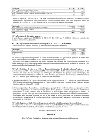 Especificação
Artigo 7o (Operações Lavoura Cacaueira Baiana)
Artigo 19 (Operações com Risco da União – Recursos FAT)
Artigo 31 (Operações Prodecer – Fase III/Operações Resolução nº 2.471/98)
Total

31.12.2013
294
485
779

31.12.2012
15
1.753
1.461
3.229

Ainda ao amparo da Lei nº 11.775, de 17.09.2008, foram reclassificados créditos para o FNE ou contratadas novas
operações para liquidação de financiamentos com recursos de outras fontes, com risco integral do Banco, no
montante de R$ 18.532 (R$ 52.558, no exercício de 2012), conforme a seguir discriminado:
Especificação
Artigo 31 (Operações com mix de Recursos de Outras Fontes/FNE)
Artigo 31 (Operações Prodecer – Fase III)
Artigo 31 (Operações do FAT)
Total

31.12.2013
16.226
2.306
18.532

31.12.2012
6.131
42.078
4.349
52.558

NOTA 7 - Ajustes de Exercícios Anteriores
O ajuste líquido negativo, em 31.12.2013, de R$ 26.987 (R$ 12.995 em 31.12.2012), refere-se a recálculos de
encargos sobre operações de crédito.
NOTA 8 – Repasses ao Banco com base no Artigo 9º-A da Lei nº 7.827, de 27.09.1989
O saldo devedor dos repasses realizados ao Banco apresenta a seguinte composição:
Especificação
Recursos Disponíveis
Recursos Aplicados
Total

31.12.2013
709.475
746.507
1.455.982

31.12.2012
433.857
898.525
1.332.382

Em Recursos Disponíveis são registrados os valores momentaneamente não aplicados em operações de crédito pelo
Banco, sendo remunerados com base na taxa extramercado divulgada pelo Bacen.
Os Recursos Aplicados correspondem aos valores liberados aos mutuários dos financiamentos contratados pelo
Banco, atualizados pelos encargos pactuados nos respectivos instrumentos de crédito, na forma da legislação e do
Instrumento de Dívida Subordinada firmado.
NOTA 9 – Restituição de valores, ao FNE e ao Banco, a título de taxa de administração e del credere
a) No exercício de 2013, o Banco restituiu ao FNE a importância de R$ 318.289, em decorrência de recálculo de del
credere, em função da não utilização do critério pro rata temporis na apuração dessa remuneração, em
atendimento à recomendação do Tribunal de Contas da União, que entendeu, em fiscalização anterior concluída
em 2013, merecer ajuste a metodologia de cálculo utilizada pelo Banco.
b) Ainda no exercício de 2013, e em conformidade com as recomendações do TCU, o Banco se ressarciu junto ao
FNE de recursos devolvidos indevidamente ao Fundo em 2007, referentes a receitas de del credere e taxa de
administração, no valor de R$ 116.282.
c) No mesmo período, o Banco alterou a metodologia de apuração do del credere incidente nas operações do FNE
com risco compartilhado ou com risco integral para o Banco, passando a utilizar, como base de cálculo dessa
remuneração, os saldos contábeis antes da constituição da provisão para perdas em operações de crédito. Tal
providência leva em conta que o risco assumido pelo Banco incide sobre os saldos totais dos financiamentos,
atualizados pelos encargos previstos em lei, e não sobre os saldos deduzidos das provisões registradas
contabilmente. A modificação da metodologia implicou o recálculo do del credere com o pagamento ao Banco da
importância de R$ 61.030.
NOTA 10 - Registro no Siafi - Sistema Integrado de Administração Financeira do Governo Federal
Em cumprimento ao disposto na Portaria Interministerial nº 11, de 28.12.2005, as informações contábeis relativas ao
FNE são disponibilizadas no Siafi, observando as características peculiares do Fundo.
Fortaleza, 14 de fevereiro de 2014.
A Diretoria
Obs: As Notas Explicativas são parte integrante das Demonstrações Financeiras

8

 