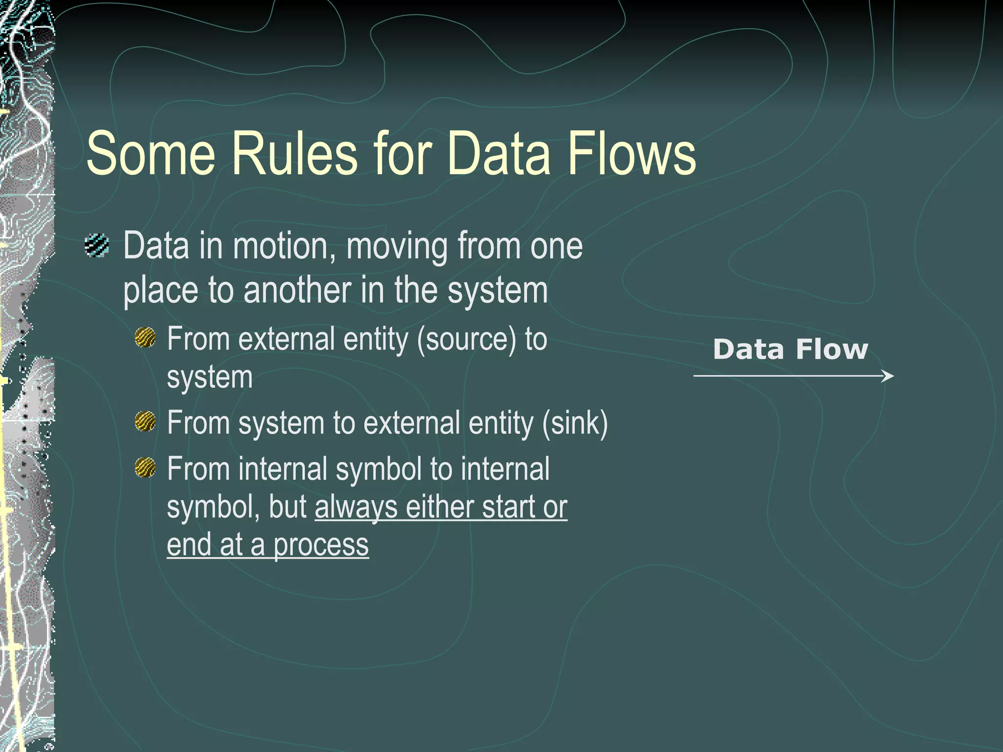 Some Rules for Data Flows Data in motion, moving from one place to another in the system From external entity (source) to system From system to external entity (sink) From internal symbol to internal symbol, but  always either start or end at a process Data Flow 