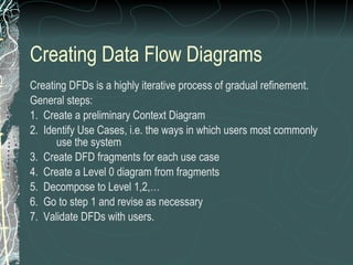 Creating Data Flow Diagrams Creating DFDs is a highly iterative process of gradual refinement. General steps: 1.  Create a preliminary Context Diagram 2.  Identify Use Cases, i.e. the ways in which users most commonly use the system 3.  Create DFD fragments for each use case 4.  Create a Level 0 diagram from fragments 5.  Decompose to Level 1,2,… 6.  Go to step 1 and revise as necessary 7.  Validate DFDs with users. 