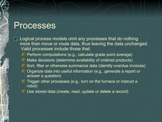 Processes Logical process models omit any processes that do nothing more than move or route data, thus leaving the data unchanged.  Valid processes include those that: Perform computations (e.g., calculate grade point average)  Make decisions (determine availability of ordered products)  Sort, filter or otherwise summarize data (identify overdue invoices) Organize data into useful information (e.g., generate a report or answer a question)  Trigger other processes (e.g., turn on the furnace or instruct a robot)  Use stored data (create, read, update or delete a record)  
