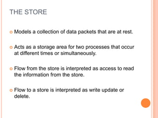 THE STORE

   Models a collection of data packets that are at rest.

   Acts as a storage area for two processes that occur
    at different times or simultaneously.

   Flow from the store is interpreted as access to read
    the information from the store.

   Flow to a store is interpreted as write update or
    delete.
 