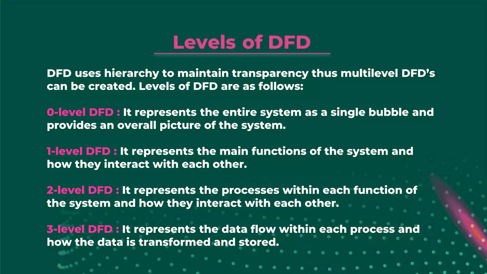 DFD uses hierarchy to maintain transparency thus multilevel DFD’s
can be created. Levels of DFD are as follows:
0-level DFD : It represents the entire system as a single bubble and
provides an overall picture of the system.
1-level DFD : It represents the main functions of the system and
how they interact with each other.
2-level DFD : It represents the processes within each function of
the system and how they interact with each other.
3-level DFD : It represents the data flow within each process and
how the data is transformed and stored.
 