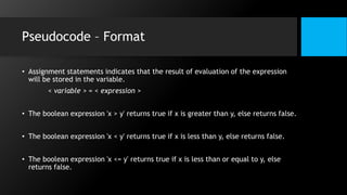 Pseudocode – Format
• Assignment statements indicates that the result of evaluation of the expression
will be stored in the variable.
< variable > = < expression >
• The boolean expression 'x > y' returns true if x is greater than y, else returns false.
• The boolean expression 'x < y' returns true if x is less than y, else returns false.
• The boolean expression 'x <= y' returns true if x is less than or equal to y, else
returns false.
 