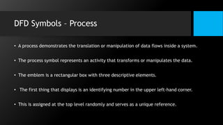 DFD Symbols – Process
• A process demonstrates the translation or manipulation of data flows inside a system.
• The process symbol represents an activity that transforms or manipulates the data.
• The emblem is a rectangular box with three descriptive elements.
• The first thing that displays is an identifying number in the upper left-hand corner.
• This is assigned at the top level randomly and serves as a unique reference.
 