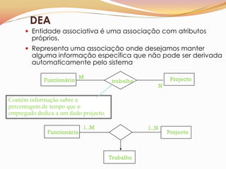 DEA
       Entidade associativa é uma associação com atributos
        próprios.
       Representa uma associação onde desejamos manter
        alguma informação específica que não pode ser derivada
        automaticamente pelo sistema

                            M                                  Projecto
             Funcionário                trabalha
                                                          N

Contém informação sobre a
percentagem de tempo que o
empregado dedica a um dado projecto.

                            1..M                   1..N
              Funcionário                                     Projecto



                                       Trabalho
 