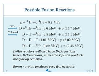 17 3/26/15
Possible Fusion Reactions
3/26/15
p +11
B !3 4
He + 8.7 MeV
D +3
He !4
He (3.6 MeV) + p (14.7 MeV)
D + T !4
He (3.5 MeV) + n (14.1 MeV)
D + D !T (1.01 MeV) + p (3.02 MeV)
D + D !3
He (0.82 MeV) + n (2.45 MeV)
D-3He reactors will also have D-D reactions,
hence D-T reactions, unless the T fusion products
are quickly removed.
Boron - proton produces very few neutrons
DFD
T0kamak
 