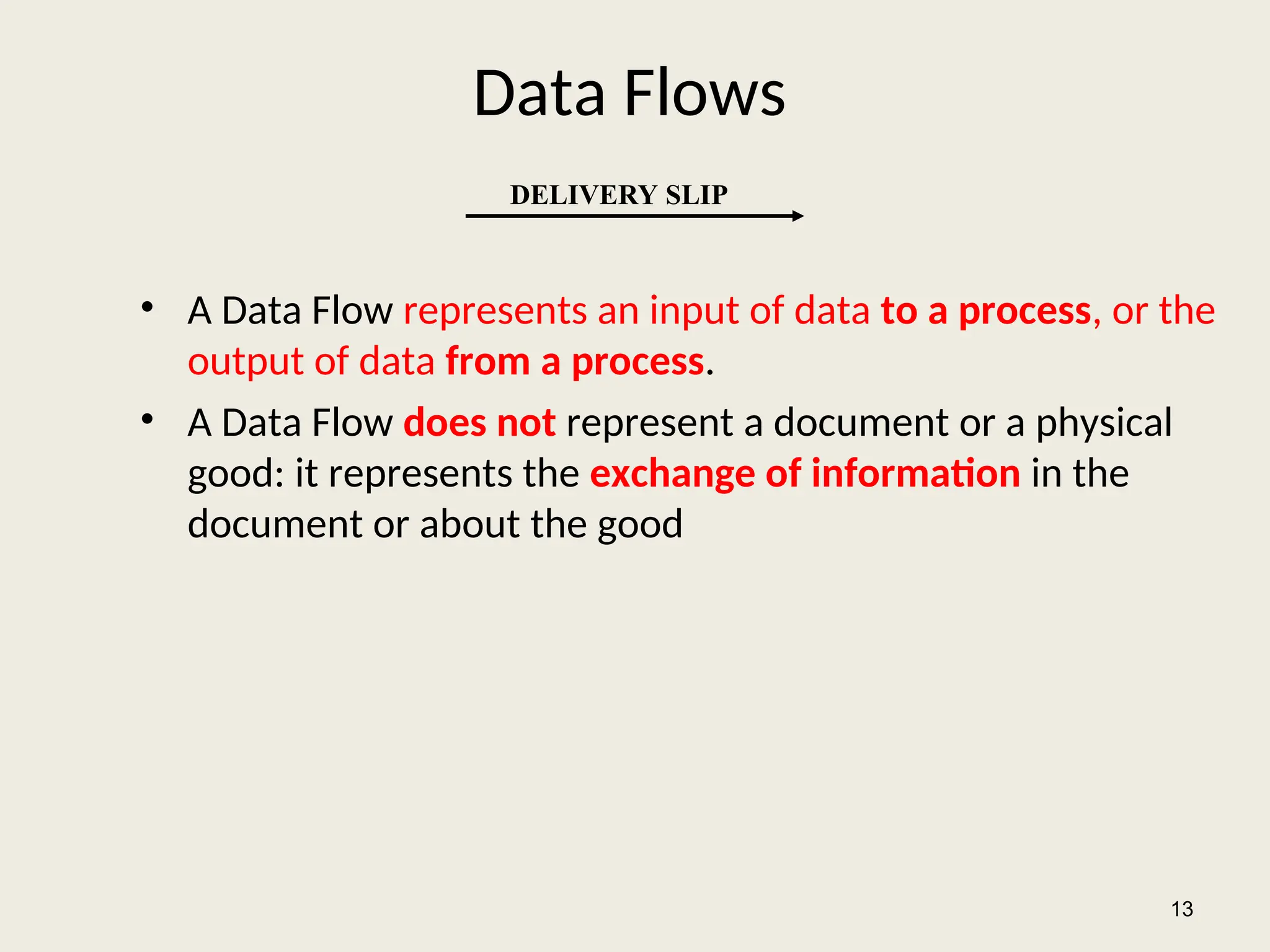 Data Flows
• A Data Flow represents an input of data to a process, or the
output of data from a process.
• A Data Flow does not represent a document or a physical
good: it represents the exchange of information in the
document or about the good
13
DELIVERY SLIP
 