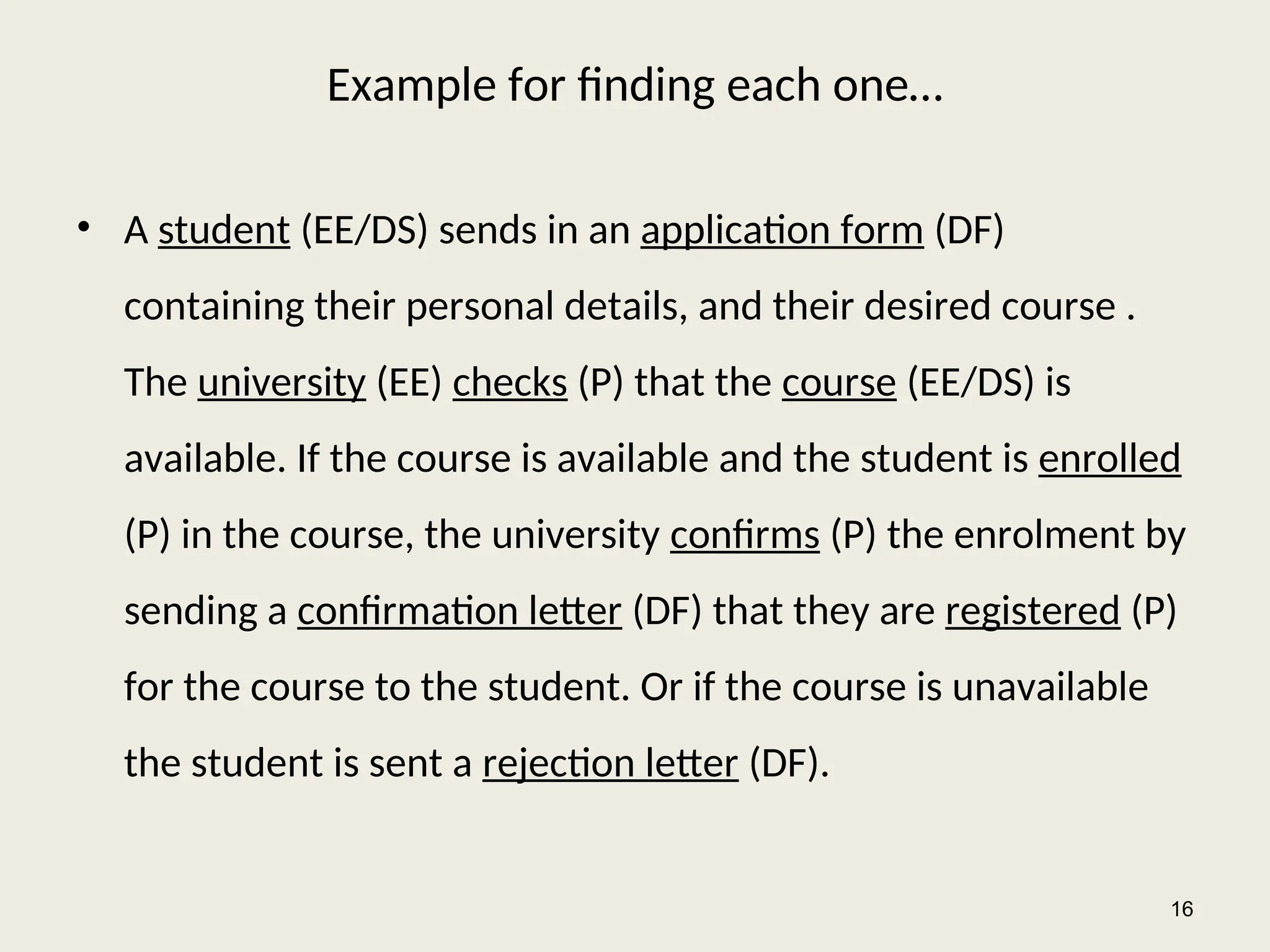 Example for finding each one…
• A student (EE/DS) sends in an application form (DF)
containing their personal details, and their desired course .
The university (EE) checks (P) that the course (EE/DS) is
available. If the course is available and the student is enrolled
(P) in the course, the university confirms (P) the enrolment by
sending a confirmation letter (DF) that they are registered (P)
for the course to the student. Or if the course is unavailable
the student is sent a rejection letter (DF).
16
 