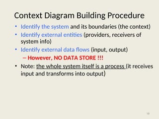 18
Context Diagram Building Procedure
• Identify the system and its boundaries (the context)
• Identify external entities (providers, receivers of
system info)
• Identify external data flows (input, output)
– However, NO DATA STORE !!!
• Note: the whole system itself is a process (it receives
input and transforms into output)
 