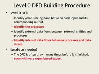 Level 0 DFD Building Procedure
• Level-0 DFD
– Identify what is being done between each input and its
corresponding output
– Identify the processes
– Identify external data flows between external entities and
processes
– Identify internal data flows between processes and data
stores
• Iterate as needed
– The DFD is often drawn many times before it is finished,
even with very experienced expert
 