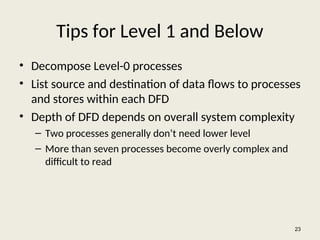 23
Tips for Level 1 and Below
• Decompose Level-0 processes
• List source and destination of data flows to processes
and stores within each DFD
• Depth of DFD depends on overall system complexity
– Two processes generally don’t need lower level
– More than seven processes become overly complex and
difficult to read
 
