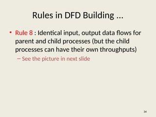 Rules in DFD Building ...
• Rule 8 : Identical input, output data flows for
parent and child processes (but the child
processes can have their own throughputs)
– See the picture in next slide
34
 