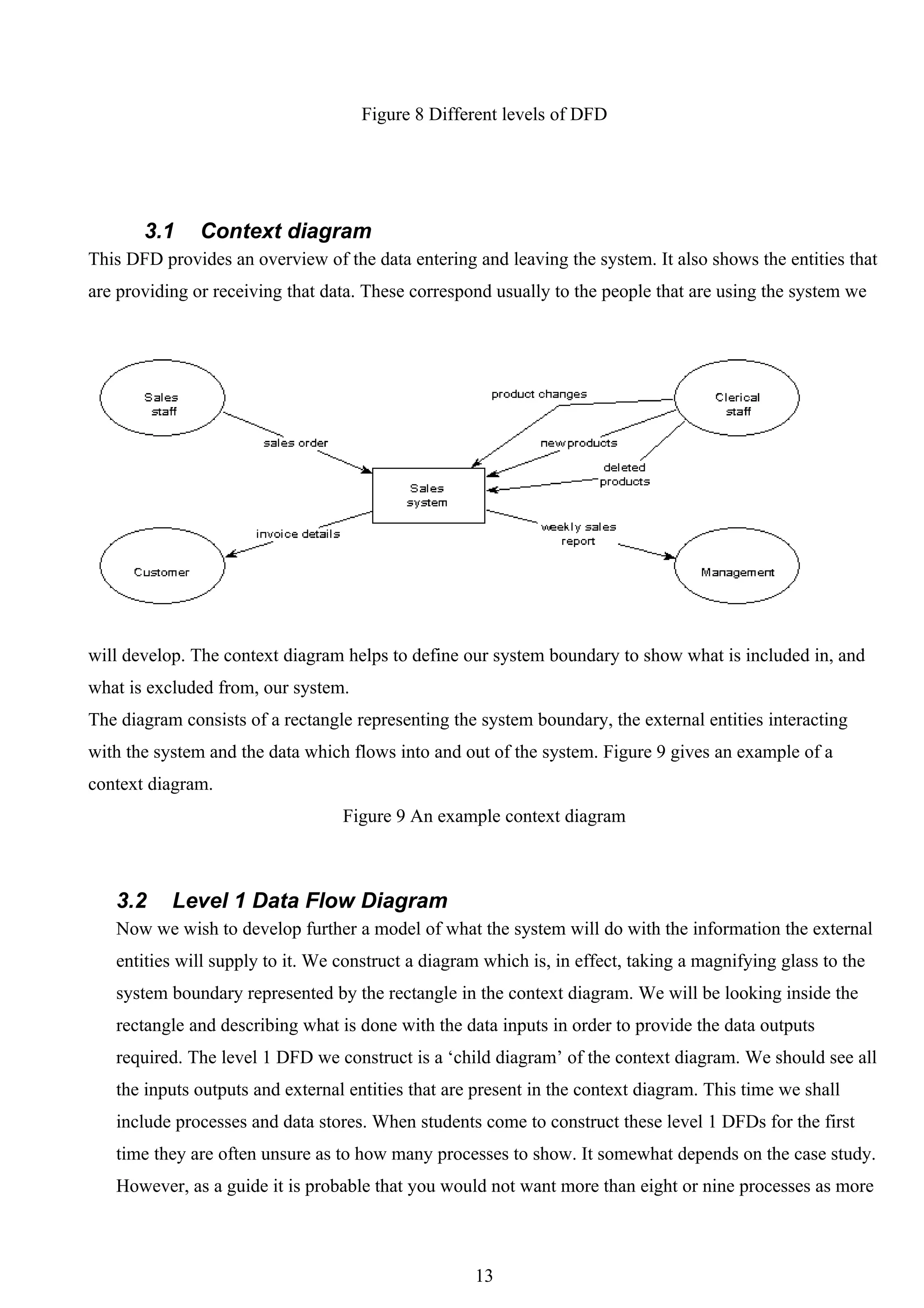 Figure 8 Different levels of DFD




       3.1     Context diagram
This DFD provides an overview of the data entering and leaving the system. It also shows the entities that
are providing or receiving that data. These correspond usually to the people that are using the system we




will develop. The context diagram helps to define our system boundary to show what is included in, and
what is excluded from, our system.
The diagram consists of a rectangle representing the system boundary, the external entities interacting
with the system and the data which flows into and out of the system. Figure 9 gives an example of a
context diagram.
                                  Figure 9 An example context diagram



   3.2     Level 1 Data Flow Diagram
   Now we wish to develop further a model of what the system will do with the information the external
   entities will supply to it. We construct a diagram which is, in effect, taking a magnifying glass to the
   system boundary represented by the rectangle in the context diagram. We will be looking inside the
   rectangle and describing what is done with the data inputs in order to provide the data outputs
   required. The level 1 DFD we construct is a ‘child diagram’ of the context diagram. We should see all
   the inputs outputs and external entities that are present in the context diagram. This time we shall
   include processes and data stores. When students come to construct these level 1 DFDs for the first
   time they are often unsure as to how many processes to show. It somewhat depends on the case study.
   However, as a guide it is probable that you would not want more than eight or nine processes as more



                                                    13
 