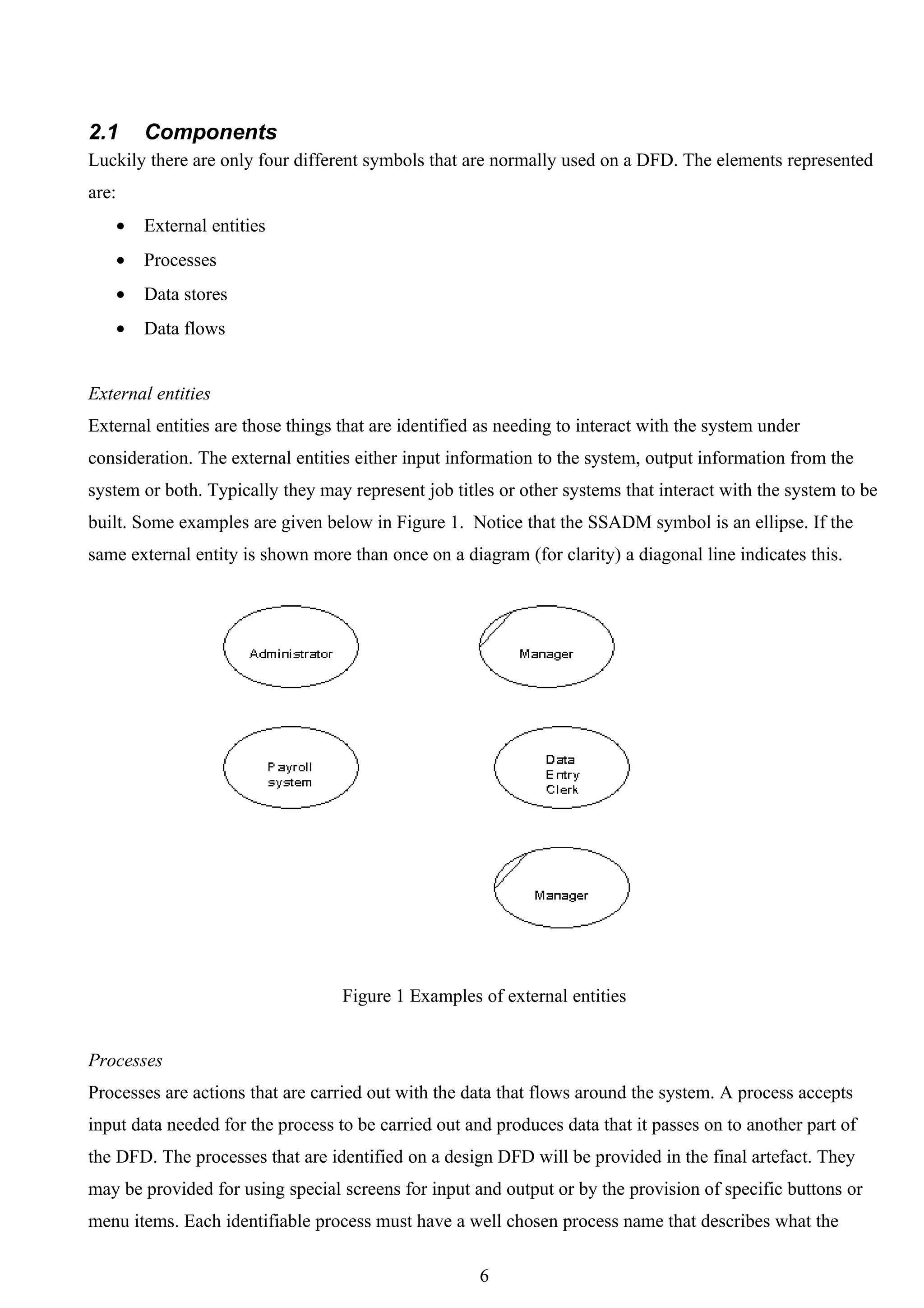 2.1        Components
Luckily there are only four different symbols that are normally used on a DFD. The elements represented
are:
       •   External entities
       •   Processes
       •   Data stores
       •   Data flows


External entities
External entities are those things that are identified as needing to interact with the system under
consideration. The external entities either input information to the system, output information from the
system or both. Typically they may represent job titles or other systems that interact with the system to be
built. Some examples are given below in Figure 1. Notice that the SSADM symbol is an ellipse. If the
same external entity is shown more than once on a diagram (for clarity) a diagonal line indicates this.




                                   Figure 1 Examples of external entities


Processes
Processes are actions that are carried out with the data that flows around the system. A process accepts
input data needed for the process to be carried out and produces data that it passes on to another part of
the DFD. The processes that are identified on a design DFD will be provided in the final artefact. They
may be provided for using special screens for input and output or by the provision of specific buttons or
menu items. Each identifiable process must have a well chosen process name that describes what the

                                                      6
 