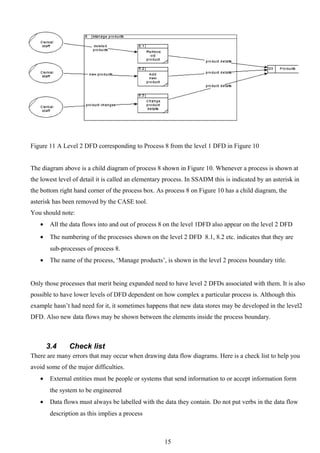 Figure 11 A Level 2 DFD corresponding to Process 8 from the level 1 DFD in Figure 10


The diagram above is a child diagram of process 8 shown in Figure 10. Whenever a process is shown at
the lowest level of detail it is called an elementary process. In SSADM this is indicated by an asterisk in
the bottom right hand corner of the process box. As process 8 on Figure 10 has a child diagram, the
asterisk has been removed by the CASE tool.
You should note:
   •    All the data flows into and out of process 8 on the level 1DFD also appear on the level 2 DFD
   •    The numbering of the processes shown on the level 2 DFD 8.1, 8.2 etc. indicates that they are
        sub-processes of process 8.
   •    The name of the process, ‘Manage products’, is shown in the level 2 process boundary title.


Only those processes that merit being expanded need to have level 2 DFDs associated with them. It is also
possible to have lower levels of DFD dependent on how complex a particular process is. Although this
example hasn’t had need for it, it sometimes happens that new data stores may be developed in the level2
DFD. Also new data flows may be shown between the elements inside the process boundary.



       3.4     Check list
There are many errors that may occur when drawing data flow diagrams. Here is a check list to help you
avoid some of the major difficulties.
   •    External entities must be people or systems that send information to or accept information form
        the system to be engineered
   •    Data flows must always be labelled with the data they contain. Do not put verbs in the data flow
        description as this implies a process



                                                     15
 