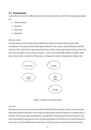 2.1 Components
Luckily there are only four different symbols that are normally used on a DFD. The elements represented
are:
       •   External entities
       •   Processes
       •   Data stores
       •   Data flows


External entities
External entities are those things that are identified as needing to interact with the system under
consideration. The external entities either input information to the system, output information from the
system or both. Typically they may represent job titles or other systems that interact with the system to be
built. Some examples are given below in Figure 1. Notice that the SSADM symbol is an ellipse. If the
same external entity is shown more than once on a diagram (for clarity) a diagonal line indicates this.




                                   Figure 1 Examples of external entities


Processes
Processes are actions that are carried out with the data that flows around the system. A process accepts
input data needed for the process to be carried out and produces data that it passes on to another part of
the DFD. The processes that are identified on a design DFD will be provided in the final artefact. They
may be provided for using special screens for input and output or by the provision of specific buttons or
menu items. Each identifiable process must have a well chosen process name that describes what the

                                                      6
 