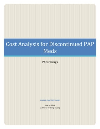 Cost Analysis for Discontinued PAP
Meds
Pfizer Drugs
SHARED CARE FREE CLINIC
July 14, 2013
Authored by: Hang Truong
 