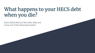 What happens to your HECS debt
when you die?
Does HECS debt act like other debt and
come out of the deceased estate?
 