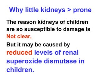 Why little kidneys > prone
The reason kidneys of children
are so susceptible to damage is
Not clear,
But it may be caused by
reduced levels of renal
superoxide dismutase in
children.
 
