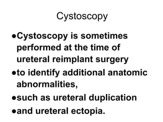 Cystoscopy
●Cystoscopy is sometimes
performed at the time of
ureteral reimplant surgery
●to identify additional anatomic
abnormalities,
●such as ureteral duplication
●and ureteral ectopia.
 