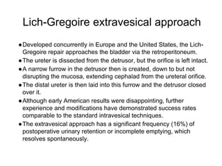 Lich-Gregoire extravesical approach
●Developed concurrently in Europe and the United States, the Lich-
Gregoire repair approaches the bladder via the retroperitoneum.
●The ureter is dissected from the detrusor, but the orifice is left intact.
●A narrow furrow in the detrusor then is created, down to but not
disrupting the mucosa, extending cephalad from the ureteral orifice.
●The distal ureter is then laid into this furrow and the detrusor closed
over it.
●Although early American results were disappointing, further
experience and modifications have demonstrated success rates
comparable to the standard intravesical techniques.
●The extravesical approach has a significant frequency (16%) of
postoperative urinary retention or incomplete emptying, which
resolves spontaneously.
 