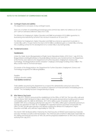 NOTES TO THE STATEMENT OF COMPREHENSIVE INCOME




     33    Contingent Assets and Liabilities
           The department is not aware of any contingent assets.

           There are a number of outstanding personal injury and common law claims not settled as at 30 June
           2011 with an estimated settlement value of $77,350.

           The Minister for Employment, Higher Education and Skills has provided a $3.0 million guarantee to
           Austraining International Pty Ltd which has not been invoked as at 30 June 2011.

           The Minister for Employment, Higher Education and Skills has entered an agreement to provide Le
           Cordon Bleu with a 10 year interest free loan of $7.0 million conditional upon Le Cordon Bleu entering
           into a building contract for the development of Le Cordon Bleu's city training facility.

     34    Transferred functions

           Transferred In

           Under the Public Sector (Reorganisation of Public Sector Operations) Notice 2010 , from 1 July 2010 the
           Bragg Initiative and Royal Institution of Australia (RiAus) functions were transferred from the Department
           of the Premier and Cabinet to the Department of Further Education, Employment, Science and
           Technology. The Bragg Institute transfer included 1 employee and budget funding of $0.2 million. The
           RiAus transfer had no net financial impact.

           On transfer of the Bragg Institute, the Department for Further Education, Employment, Science and
           Technology recognised the following liabilities:

                                                                                $,000
           Payables                                                                 2
           Employee Benefits Liability                                             16
           Total liabilities transferred                                           18


           Total Liabilities assumed by the department as a result of the administrative restructure were at the
           carrying amount of those liabilities in the transferor's Statement of Financial Position immediately prior to
           transfer. The net liability has been charged directly to Equity.


     35    After Balance Day Events
           On 1 July 2011, DFEEST announced the establishment of the Office of TAFE SA. This new office will work
           with an interim TAFE SA Board to help re-direct TAFE SA towards demand-driven funding and increased
           contestability under the Skills for All initiative. 2011-2012 will be a year of transition with the aim to
           establish TAFE SA as a statutory authority from July 2012. The Office will be given substantial autonomy to
           manage the operations of TAFE SA. To highlight the separation between purchaser and provider the
           Office of TAFE SA will report directly to the Minister assisting the Minister for Employment, Higher
           Education and Skills, who will have responsibility for TAFE SA.

           The interim TAFE SA Board will be Chaired by the Chief Executive of DFEEST and include key Corporate
           Executive members as well as external members. The Chief Executive of DFEEST will remain responsible for
           the staffing and financial outcomes of TAFE SA until the proposed establishment of TAFE SA as a statutory
           authority from July 2012.




Page 158
 