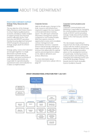ABOUT THE DEPARTMENT

POLICY AND CORPORATE SUPPORT
Strategic Policy, Resources and           Corporate Services                           Corporate Communications and
Finance                                   Skills for All will require changes to the   Marketing
The key objective of the Strategic        tools, resources and infrastructure          Corporate Communications and
Policy, Resources and Finance area is     required to support the new student-         Marketing is responsible for managing
to ensure highest quality business,       centred demand-driven training               the communications and marketing
economic and labour market analysis       system. This will require enhanced           needs of DFEEST and for providing
to support prompt and informed            information management systems               strategic media and communications
resource allocation by the Chief          configured to new funding models.            advice to the Chief Executive and the
Executive and DFEEST executives,          With new systems comes an                    Minister.
thereby focusing alignment between        opportunity to review and consolidate
DFEEST programs and pursuit of            contract management and                      The role includes responding to
strategic targets (both for DFEEST        administrative functions. Corporate          requests from the media, and initiating
and SASP).                                Services had previously undergone a          contact with the media to announce
                                          major review to develop a preferred          and promote initiatives of DFEEST and
Strategic policy, review and evaluation   structure that will provide the optimal      TAFESA. It also includes providing
are brought together in a single          systems and arrangements to deliver          advice on the development and use
directorate to provide strong             on the Skills for All reforms and            of social media, monitoring trends in
integration between policy and            achieve efficiencies.                        communications and marketing, and
evaluation, and some economies of                                                      managing and marketing events such
scale. Individual directorates are        For more information about                   as the South Australian Training
responsible for operational policy,       Corporate Governance, please refer to        Awards and the South Australian
operational review and evaluation as      page 87.                                     Science Excellence Awards.
it relates to implementation.




                                                                                                                      Page 21
 