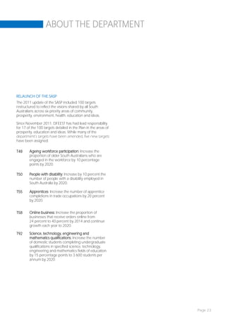 ABOUT THE DEPARTMENT




RELAUNCH OF THE SASP
The 2011 update of the SASP included 100 targets
restructured to reflect the visions shared by all South
Australians across six priority areas of community,
prosperity, environment, health, education and ideas.

Since November 2011, DFEEST has had lead responsibility
for 17 of the 100 targets detailed in the Plan in the areas of
prosperity, education and ideas. While many of the
department’s targets have been amended, five new targets
have been assigned:

T48     Ageing workforce participation: Increase the
        proportion of older South Australians who are
        engaged in the workforce by 10 percentage
        points by 2020.

T50     People with disability: Increase by 10 percent the
        number of people with a disability employed in
        South Australia by 2020.

T55     Apprentices: Increase the number of apprentice
        completions in trade occupations by 20 percent
        by 2020.


T58     Online business: Increase the proportion of
        businesses that receive orders online from
        24 percent to 40 percent by 2014 and continue
        growth each year to 2020.

T92     Science, technology, engineering and
        mathematics qualifications: Increase the number
        of domestic students completing undergraduate
        qualifications in specified science, technology,
        engineering and mathematics fields of education
        by 15 percentage points to 3 600 students per
        annum by 2020.




                                                                 Page 23
 