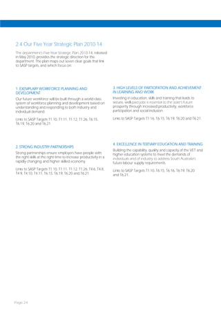 2.4 Our Five Year Strategic Plan 2010-14
The department’s Five Year Strategic Plan 2010-14, released
in May 2010, provides the strategic direction for the
department. The plan maps out seven clear goals that link
to SASP targets, and which focus on:




1. EXEMPLARY WORKFORCE PLANNING AND                                3. HIGH LEVELS OF PARTICIPATION AND ACHIEVEMENT
DEVELOPMENT                                                        IN LEARNING AND WORK
Our future workforce will be built through a world-class           Investing in education, skills and training that leads to
system of workforce planning and development based on              secure, well-paid jobs is essential to the state’s future
understanding and responding to both industry and                  prosperity through increased productivity, workforce
individual demand.                                                 participation and social inclusion.

Links to SASP Targets T1.10, T1.11, T1.12, T1.26, T6.15,           Links to SASP Targets T1.16, T6.15, T6.19, T6.20 and T6.21.
T6.19, T6.20 and T6.21.




                                                                   4. EXCELLENCE IN TERTIARY EDUCATION AND TRAINING
2. STRONG INDUSTRY PARTNERSHIPS
                                                                   Building the capability, quality and capacity of the VET and
Strong partnerships ensure employers have people with              higher education systems to meet the demands of
the right skills at the right time to increase productivity in a   individuals and of industry to address South Australia’s
rapidly changing and higher skilled economy.                       future labour supply requirements.
Links to SASP Targets T1.10, T1.11, T1.12, T1.26, T4.6, T4.8,      Links to SASP Targets T1.10, T6.15, T6.16, T6.19, T6.20
T4.9, T4.10, T4.11, T6.15, T6.19, T6.20 and T6.21.                 and T6.21.




Page 24
 