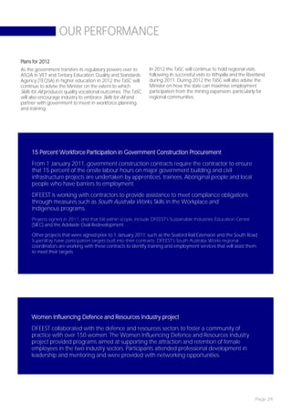 OUR PERFORMANCE

Plans for 2012
As the government transfers its regulatory powers over to       In 2012 the TaSC will continue to hold regional visits
ASQA in VET and Tertiary Education Quality and Standards        following its successful visits to Whyalla and the Riverland
Agency (TEQSA) in higher education in 2012 the TaSC will        during 2011. During 2012 the TaSC will also advise the
continue to advise the Minister on the extent to which          Minister on how the state can maximise employment
Skills for All produces quality vocational outcomes. The TaSC   participation from the mining expansion, particularly for
will also encourage industry to embrace Skills for All and      regional communities.
partner with government to invest in workforce planning
and training.




     15 Percent Workforce Participation in Government Construction Procurement
     From 1 January 2011, government construction contracts require the contractor to ensure
     that 15 percent of the onsite labour hours on major government building and civil
     infrastructure projects are undertaken by apprentices, trainees, Aboriginal people and local
     people who have barriers to employment.
     DFEEST is working with contractors to provide assistance to meet compliance obligations
     through measures such as South Australia Works, Skills in the Workplace and
     Indigenous programs.
     Projects signed in 2011, and that fall within scope, include DFEEST’s Sustainable Industries Education Centre
     (SIEC) and the Adelaide Oval Redevelopment.

     Other projects that were signed prior to 1 January 2011, such as the Seaford Rail Extension and the South Road
     SuperWay have participation targets built into their contracts. DFEEST’s South Australia Works regional
     coordinators are working with these contracts to identify training and employment services that will assist them
     to meet their targets.




     Women Influencing Defence and Resources Industry project
     DFEEST collaborated with the defence and resources sectors to foster a community of
     practice with over 150 women. The Women Influencing Defence and Resources Industry
     project provided programs aimed at supporting the attraction and retention of female
     employees in the two industry sectors. Participants attended professional development in
     leadership and mentoring and were provided with networking opportunities.




                                                                                                                      Page 29
 