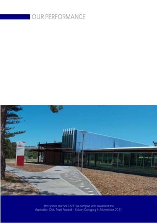 OUR PERFORMANCE




      The Victor Harbor TAFE SA campus was awarded the
Australian Civic Trust Award – Urban Category in November 2011.
                                                                  Page 53
 