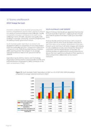 3.7 Science and Research
DFEEST Strategic Plan Goal 5



Innovation underpins South Australia’s productivity and        SOUTH AUSTRALIA’S CHIEF SCIENTIST
business competitiveness and the state’s capacity to respond   Adjunct Professor Don Bursill was appointed Chief Scientist
to a variety of environmental and social challenges. Equally   for South Australia in April 2011, replacing Dr Ian Chessell
as important, innovation contributes to the state’s social     who held the position from March 2008 up to December
wellbeing in terms of health, education and quality of life,   2010.
resulting in a stronger community, economic prosperity and
the delivery of better government services.                    Professor Bursill commenced his tenure with a round of
                                                               discussions with the three South Australian universities to
South Australia’s public expenditure on research and           gain their views on the strategic development of the state’s
development (R&D) as a proportion of Gross State Product       research sector and how it can better engage with industry.
(GSP) has continually risen from 1.04 percent in 2002-03 to    He also established an Early Career Researcher Network in
1.18 percent in the 2008-09 Australian Bureau of Statistics    conjunction with the Royal Institution of Australia. This
(ABS) reporting period. This compares to an average            network provides an opportunity for young researchers to
national investment in R&D of 0.81 percent of GSP for          discuss their own experiences and pass on their expertise to
2008-09.                                                       others and promote collaboration across research
                                                               institutions.
Expenditure by the Defence Science and Technology
Organisation (DSTO) and the Commonwealth Scientific and
Industrial Research Organisation (CSIRO) contributes to the
State’s achievements in R&D.




              Figure 13: South Australian Public Expenditure on R&D, as a % of GSP 2002-2009 (including a
              comparison to average national investment in R&D)




Page 64
 