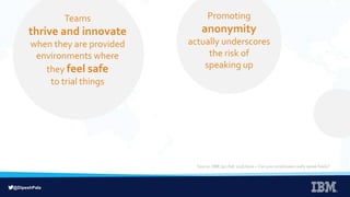 @DipeshPala
Teams
thrive and innovate
when they are provided
environments where
they feel safe
to trial things
Promoting
anonymity
actually underscores
the risk of
speaking up
Source: HBR Jan-Feb 2016 Issue – Can your employees really speak freely?
 