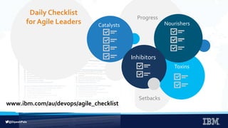 @DipeshPala
Progress
Setbacks
Daily Checklist
for Agile Leaders
Toxins
NourishersCatalysts
Inhibitors
www.ibm.com/au/devops/agile_checklist
 