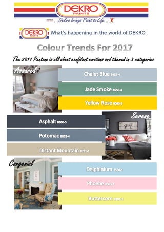 The 2017 Pantone is all about confident emotions and themed in 3 categories
Assured
Serene
Congenial
 