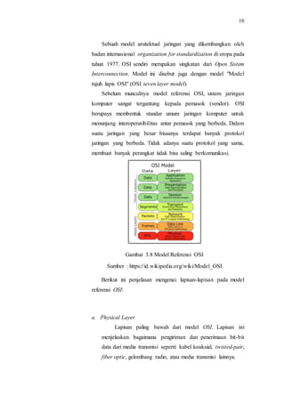 16
Sebuah model arsitektual jaringan yang dikembangkan oleh
badan internasional organization for standardization di eropa pada
tahun 1977. OSI sendiri merupakan singkatan dari Open Sistem
Interconnection. Model ini disebut juga dengan model "Model
tujuh lapis OSI" (OSI seven layer model).
Sebelum munculnya model referensi OSI, sistem jaringan
komputer sangat tergantung kepada pemasok (vendor). OSI
berupaya membentuk standar umum jaringan komputer untuk
menunjang interoperatibilitas antar pemasok yang berbeda. Dalam
suatu jaringan yang besar bisaanya terdapat banyak protokol
jaringan yang berbeda. Tidak adanya suatu protokol yang sama,
membuat banyak perangkat tidak bisa saling berkomunikasi.
Gambar 3.8 Model Referensi OSI
Sumber : https://id.wikipedia.org/wiki/Model_OSI
Berikut ini penjelasan mengenai lapisan-lapisan pada model
referensi OSI:
a. Physical Layer
Lapisan paling bawah dari model OSI. Lapisan ini
menjelaskan bagaimana pengiriman dan penerimaan bit-bit
data dari media transmisi seperti: kabel koaksial, twisted-pair,
fiber optic, gelombang radio, atau media transmisi lainnya.
 