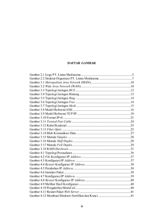 iii
DAFTAR GAMBAR
Gambar 2.1 Logo PT. Lintas Mediatama.................................................................5
Gambar 2.2 Struktur Organisasi PT. Lintas Mediatama ..........................................7
Gambar 3.1 Metropolitan Area Network (MAN)...................................................10
Gambar 3.2 Wide Area Network (WAN)...............................................................10
Gambar 3.3 Topologi Jaringan BUS ......................................................................12
Gambar 3.4 Topologi Jaringan Bintang.................................................................13
Gambar 3.5 Topologi Jaringan Ring ......................................................................14
Gambar 3.6 Topologi Jaringan Tree ......................................................................14
Gambar 3.7 Topologi Jaringan Mesh .....................................................................15
Gambar 3.8 Model Referensi OSI..........................................................................16
Gambar 3.9 Model Referensi TCP/IP ....................................................................18
Gambar 3.10 Format IPv4......................................................................................21
Gambar 3.11 Twisted Pair Cable...........................................................................24
Gambar 3.12 Kabel Koaksial .................................................................................25
Gambar 3.13 Fiber Optic .......................................................................................25
Gambar 3.14 Blok Komunikasi Data .....................................................................27
Gambar 3.15 Metode Simplex ................................................................................28
Gambar 3.16 Metode Half Duplex .........................................................................28
Gambar 3.17 Metode Full Duplex..........................................................................29
Gambar 3.18 RAID Hardware...............................................................................31
Gambar 4.1 Topologi Perusahaan..........................................................................36
Gambar 4.2 File Konfigurasi IP Address...............................................................37
Gambar 4.3 Konfigurasi IP Address ......................................................................37
Gambar 4.4 Restart Konfigurasi IP Address..........................................................38
Gambar 4.5 Perubahan IP Address.........................................................................38
Gambar 4.6 Instalasi Paket.....................................................................................39
Gambar 4.7 Konfigurasi IP Address. .....................................................................39
Gambar 4.8 Restart Konfigurasi IP Address..........................................................40
Gambar 4.9 Melihat Hasil Konfigurasi..................................................................40
Gambar 4.10 Pengaktifan Modul ssl......................................................................40
Gambar 4.11 Restart Paket Web Server .................................................................41
Gambar 4.12 Membuat Direktori Sertifikat dan Kunci..........................................41
 