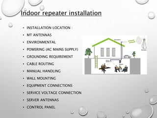 Indoor repeater installation
• INSTALLATION LOCATION :
• MT ANTENNAS
• ENVIRONMENTAL
• POWERING (AC MAINS SUPPLY)
• GROUNDING REQUIREMENT
• CABLE ROUTING
• MANUAL HANDLING
• WALL MOUNTING
• EQUIPMENT CONNECTIONS
• SERVICE VOLTAGE CONNECTION
• SERVER ANTENNAS
• CONTROL PANEL
 